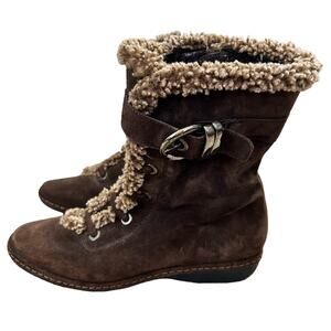Stuart Weitzman Womens Brown Suede Boots Size 6.5 Fur Lined Buckle Winter